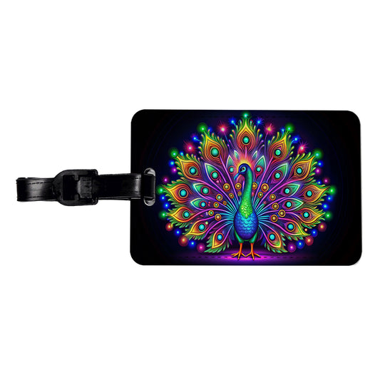 Neon Peacock Travel Faux Leather Luggage Tag