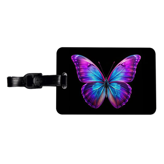 Neon Purple Blue Butterfly Travel Faux Leather Luggage Tag