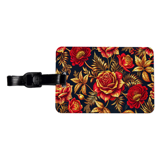 Neon Red And Gold Rose Floral Pattern Travel Faux Leather Luggage Tag