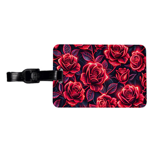 Neon Red Rose Floral Pattern Travel Faux Leather Luggage Tag