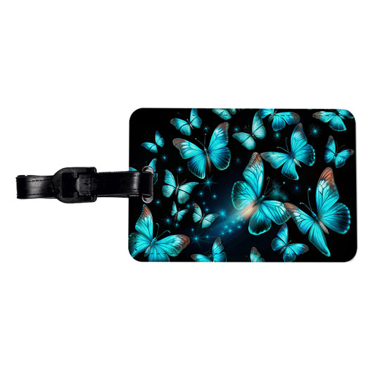Neon Teal Blue Butterflies Travel Faux Leather Luggage Tag