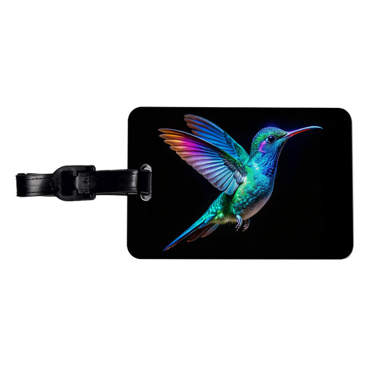 Neon Teal Blue Hummingbird Travel Faux Leather Luggage Tag