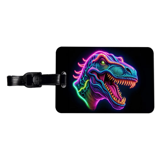 Neon T-Rex Dinosaur Head Travel Faux Leather Luggage Tag
