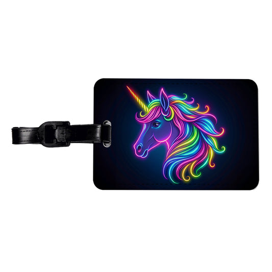 Neon Unicorn Head Fantasy Travel Faux Leather Luggage Tag