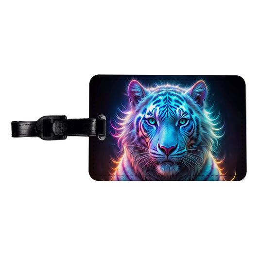 Neon White Tiger Face Travel Faux Leather Luggage Tag