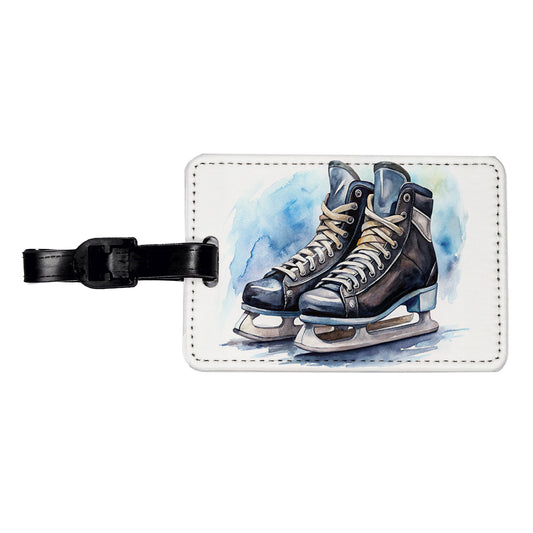 Pair Of Hockey Ice Skates Watercolor Travel Faux Leather Luggage Tag
