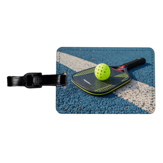 Pickleball Paddle and Ball on Court Travel Faux Leather Luggage Tag