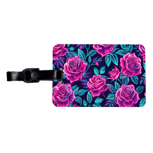 Pink Neon Rose Floral Pattern Travel Faux Leather Luggage Tag
