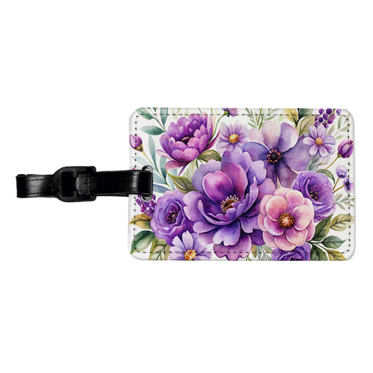 Purple Watercolor Flowers Travel Faux Leather Luggage Tag