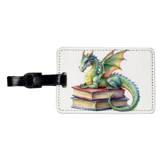 Reading Dragon Laying On Top Books Watercolor Travel Faux Leather Luggage Tag