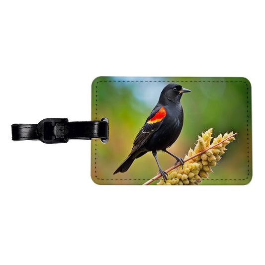 Red Winged Blackbird Backyard Bird Travel Faux Leather Luggage Tag