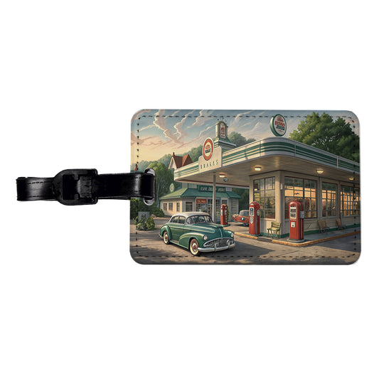 Retro Americana 1950's Main Street Gas Station Travel Faux Leather Luggage Tag