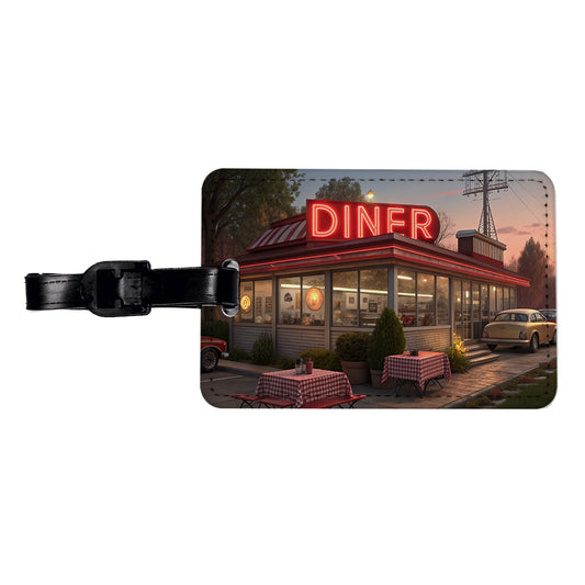 Retro Classic Roadside Dinner With Neon Sign Travel Faux Leather Luggage Tag