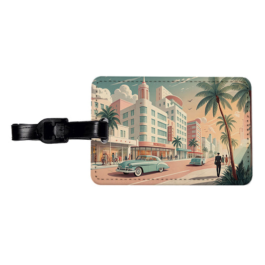 Retro Mid-Century Pastel Cityscape Travel Faux Leather Luggage Tag