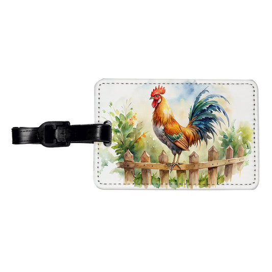 Rooster On Fence Watercolor Travel Faux Leather Luggage Tag