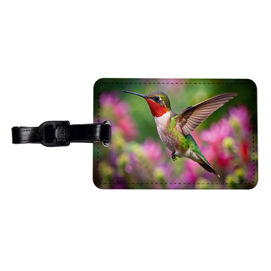 Ruby Throated Hummingbird Flying Backyard Bird Travel Faux Leather Luggage Tag