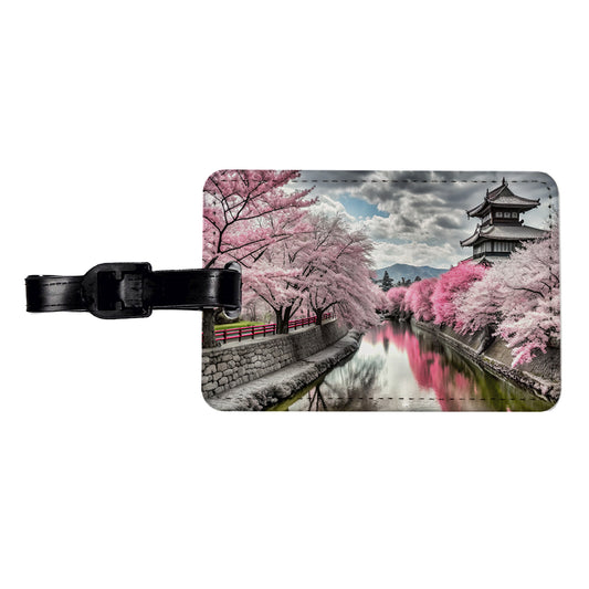 Sakura Trees Along River Japanese Scene Travel Faux Leather Luggage Tag