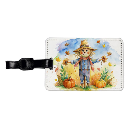 Scarecrow and Pumpkins Fall Watercolor Travel Faux Leather Luggage Tag