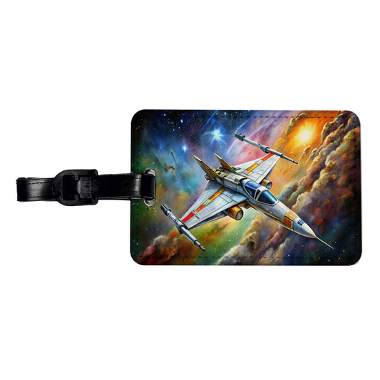 Sci-fi Starfighter Spaceship on Patrol Travel Faux Leather Luggage Tag