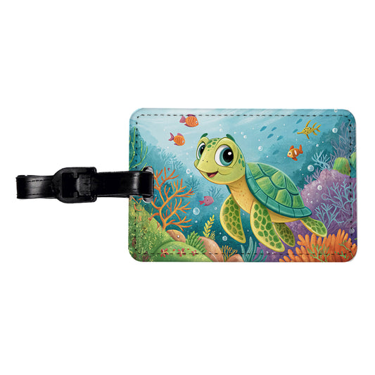 Sea Turtle Children's Illustration Style Travel Faux Leather Luggage Tag