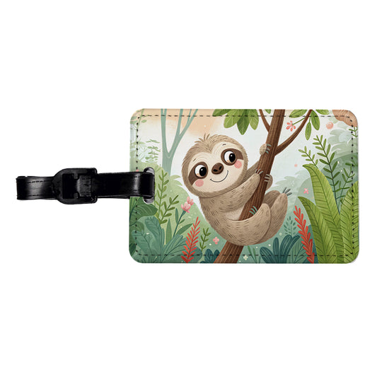 Sloth on Tree Children's Illustration Style Travel Faux Leather Luggage Tag