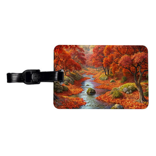 Stream and Trees in Fall Autumn Travel Faux Leather Luggage Tag
