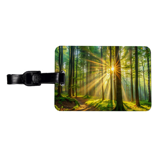 Sunlight Streaming Through Forest Trees Travel Faux Leather Luggage Tag