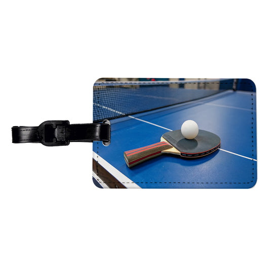 Table Tennis Ping Pong Paddle and Ball on Table Travel Faux Leather Luggage Tag