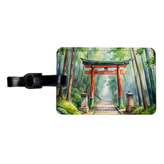 Torii Gate Leading To Forest Shrine Watercolor Travel Faux Leather Luggage Tag