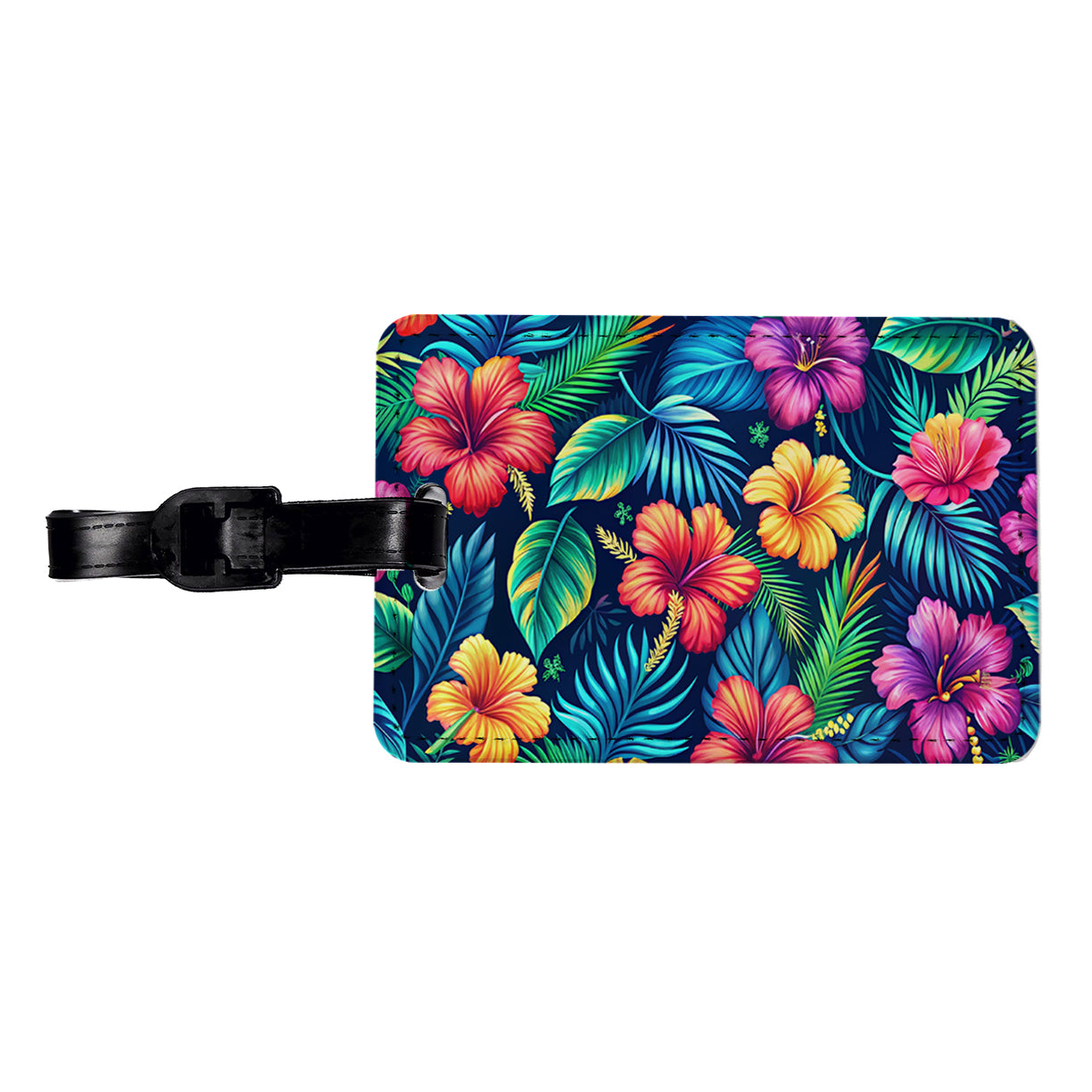 Tropical Neon Hibiscus Floral Pattern Travel Faux Leather Luggage Tag