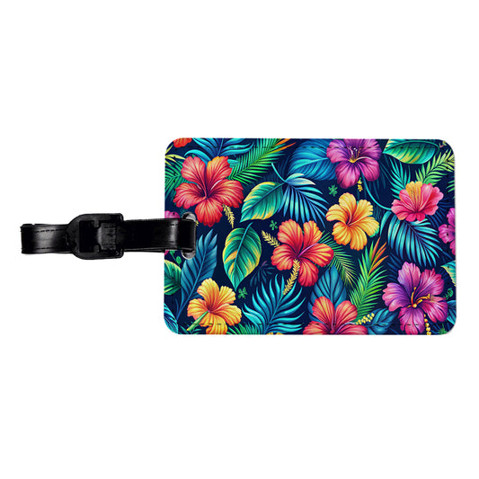 Tropical Neon Hibiscus Floral Pattern Travel Faux Leather Luggage Tag