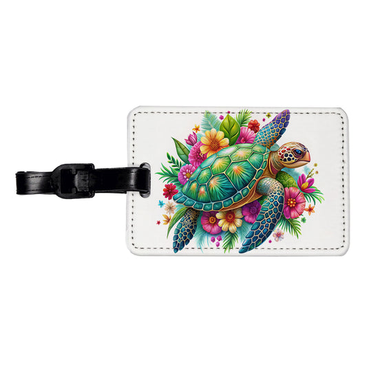 Tropical Sea Turtle Floral Design Travel Faux Leather Luggage Tag
