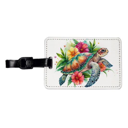 Tropical Sea Turtle Hibiscus Floral Watercolor Travel Faux Leather Luggage Tag