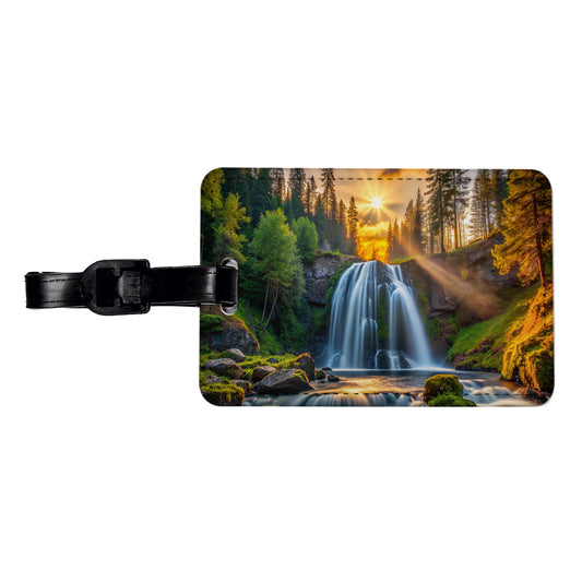 Waterfall In The Forest At Sunset Travel Faux Leather Luggage Tag