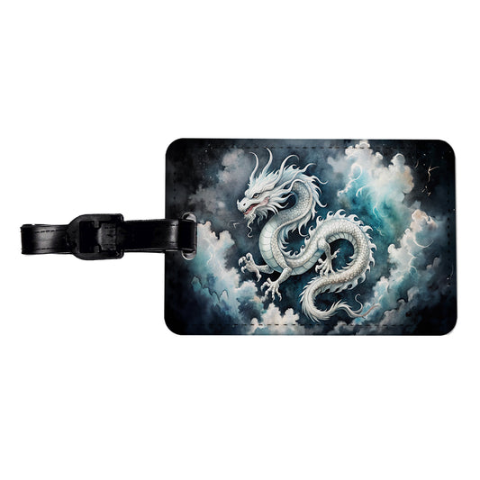 White Asian Dragon On Black Watercolor Travel Faux Leather Luggage Tag