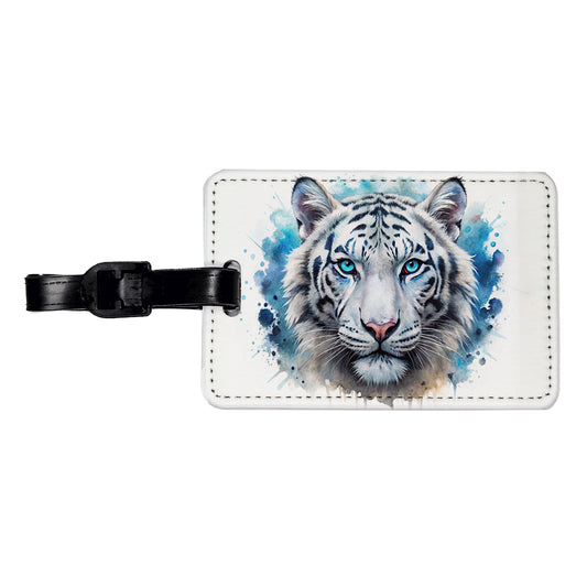 White Tiger Face Watercolor Travel Faux Leather Luggage Tag