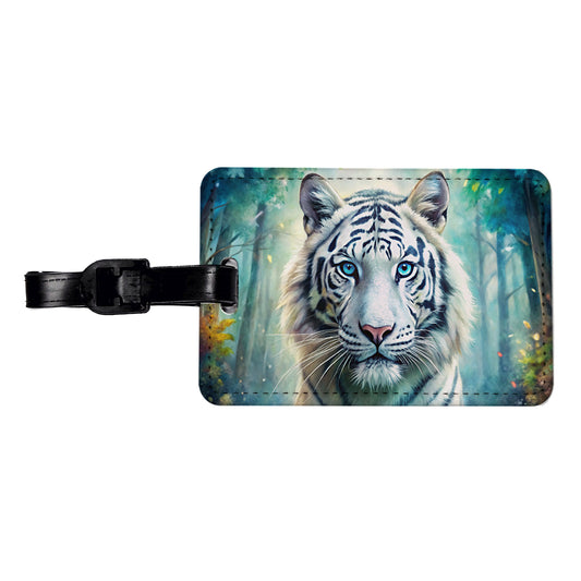 White Tiger In Forest Watercolor Travel Faux Leather Luggage Tag