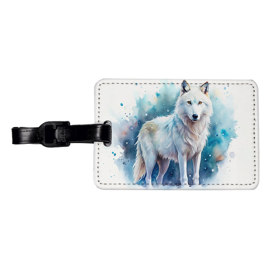 White Wolf Watercolor Travel Faux Leather Luggage Tag