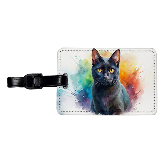 Black Cat Watercolor Style Travel Faux Leather Luggage Tag