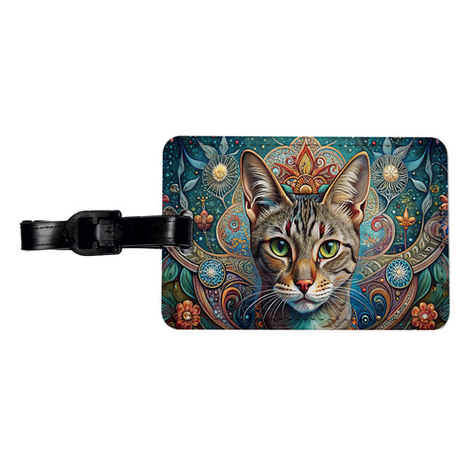 Tabby Cat French Bohemian Art Travel Faux Leather Luggage Tag