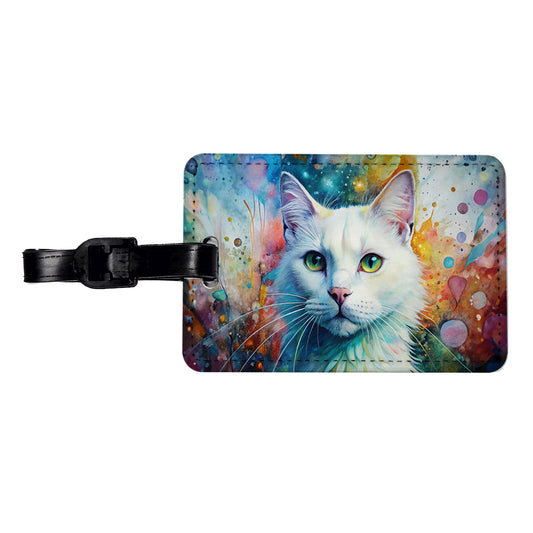 White Cat Abstract Art Travel Faux Leather Luggage Tag