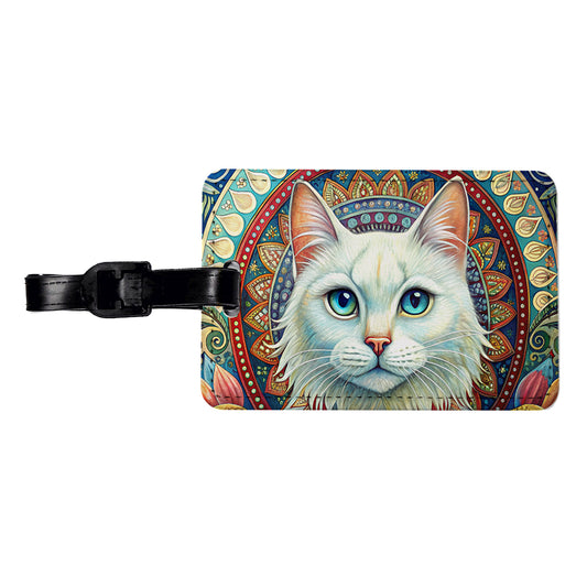 White Cat Bohemian Art Travel Faux Leather Luggage Tag