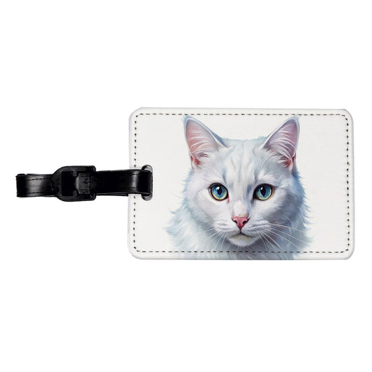 White Cat Illustration Travel Faux Leather Luggage Tag