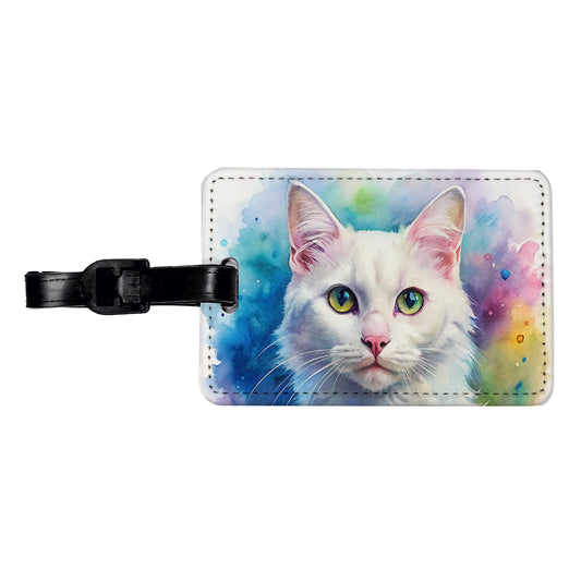 White Cat Watercolor Style Travel Faux Leather Luggage Tag