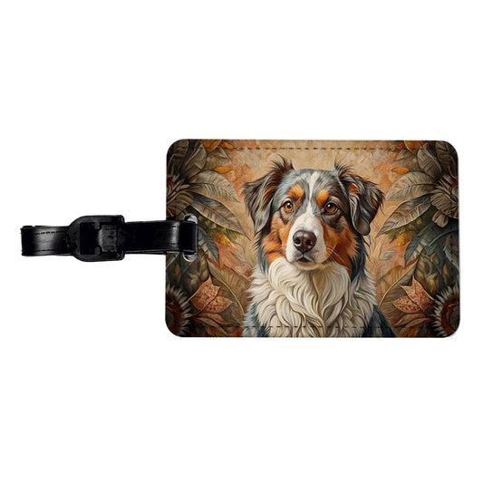 Australian Shepherd Dog French Bohemian Art Travel Faux Leather Luggage Tag