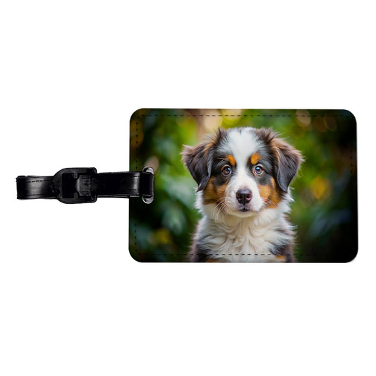 Australian Shepherd Dog Puppy Photo Travel Faux Leather Luggage Tag