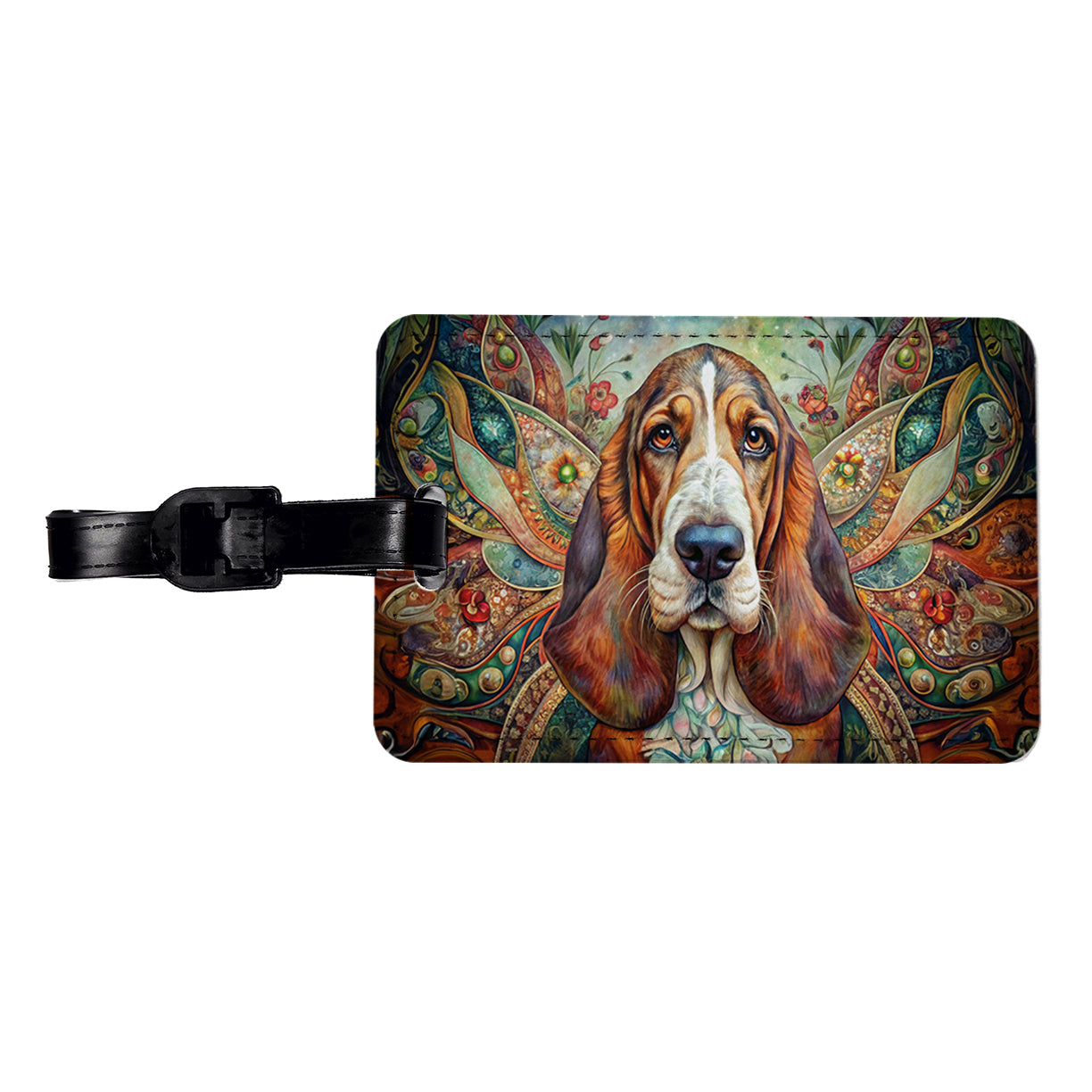Basset Hound Dog Bohemian Art Travel Faux Leather Luggage Tag