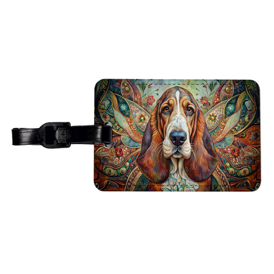 Basset Hound Dog Bohemian Art Travel Faux Leather Luggage Tag
