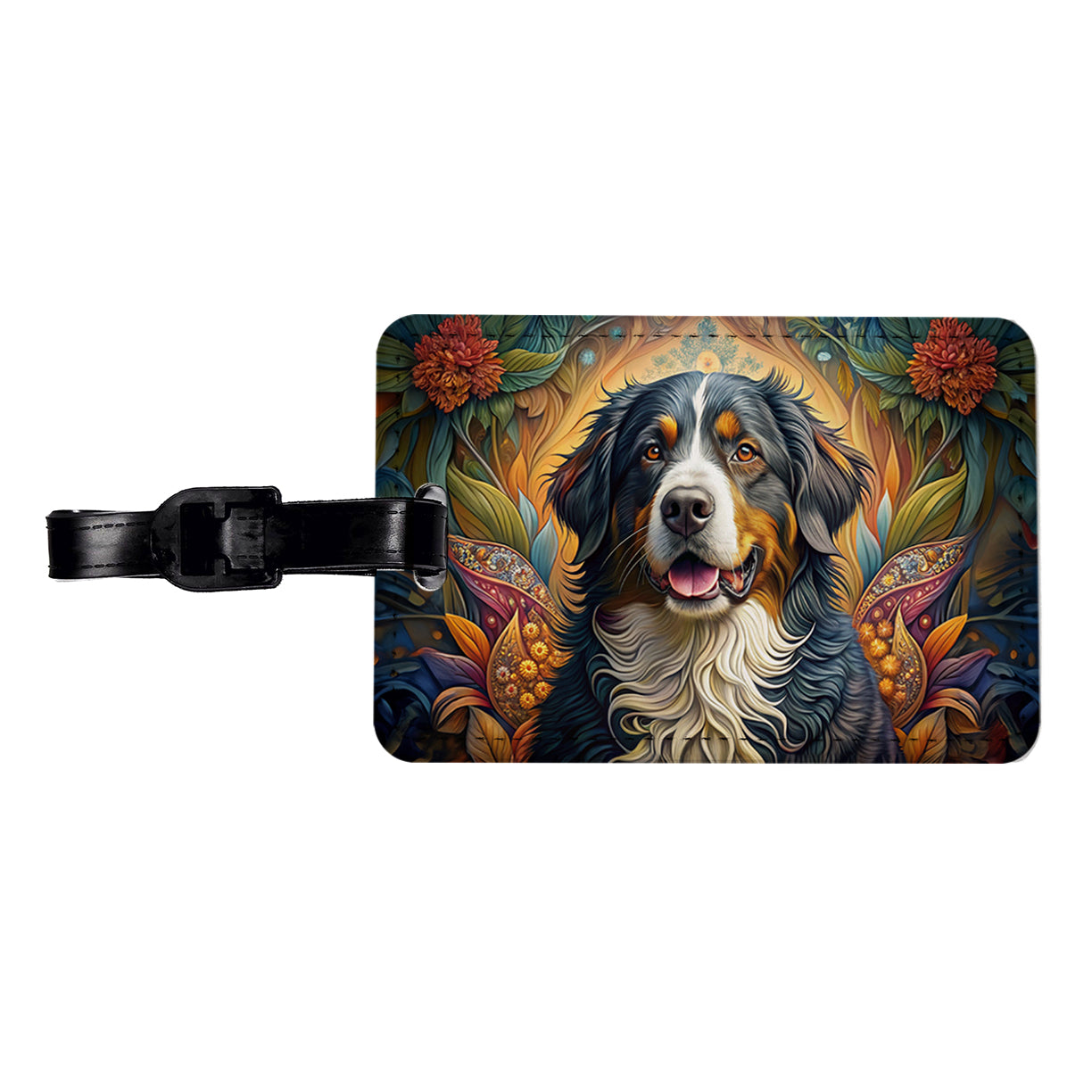 Bernese Mountain Dog Bohemian Art Travel Faux Leather Luggage Tag