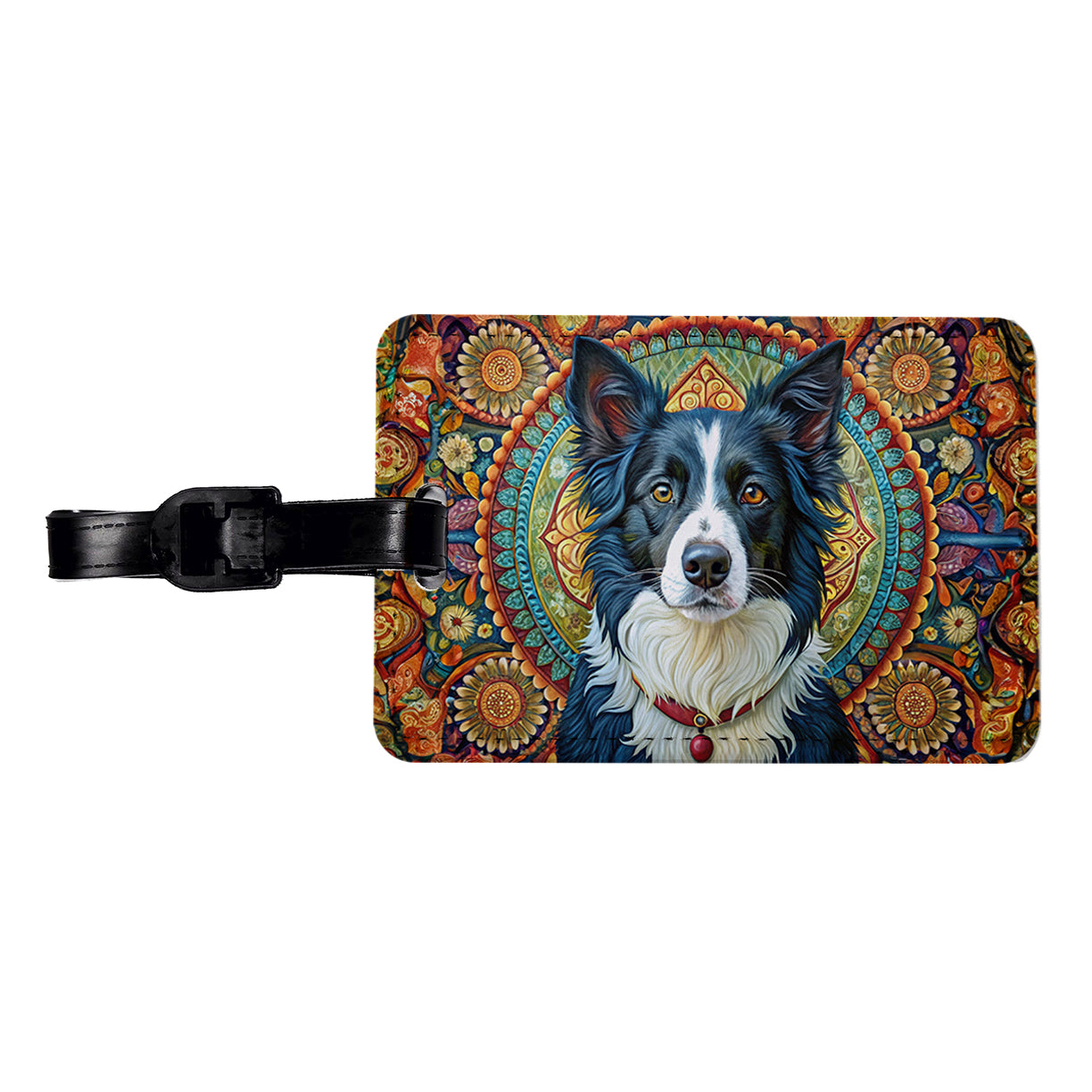 Border Collie Dog Bohemian Art Travel Faux Leather Luggage Tag
